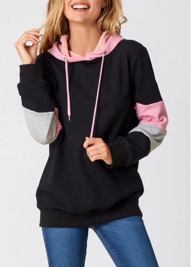 Modlily Contrast Long Sleeve Drawstring Detail Hoodie - L