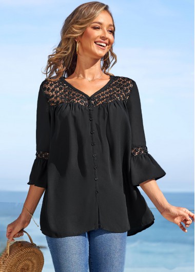 Modlily Lace Stitching Flare Sleeve Solid Blouse - M