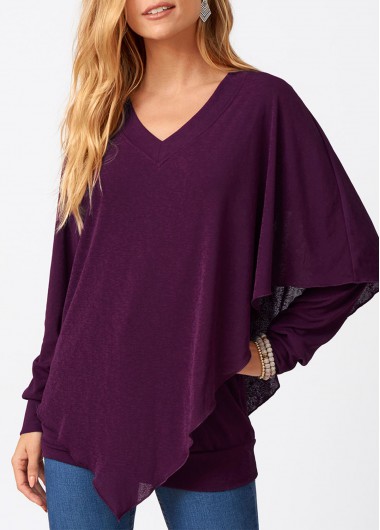 Modlily Asymmetric Hem V Neck Long Sleeve T Shirt - M