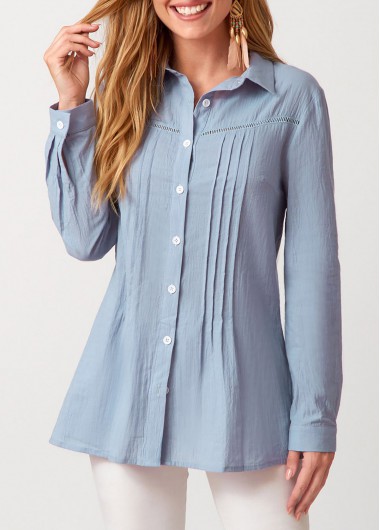 Modlily Turndown Collar Solid Crinkle Chest Long Sleeve Blouse - M