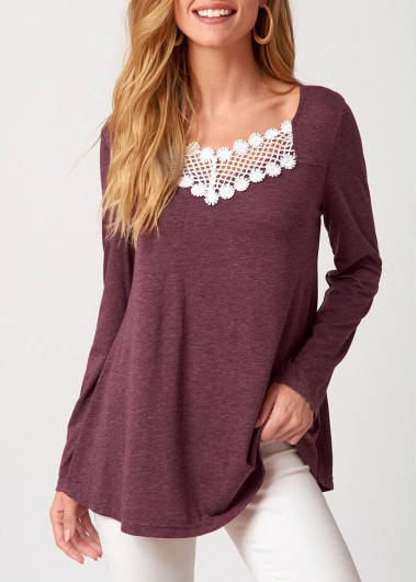 Modlily Lace Patchwork Long Sleeve Tunic Top - M