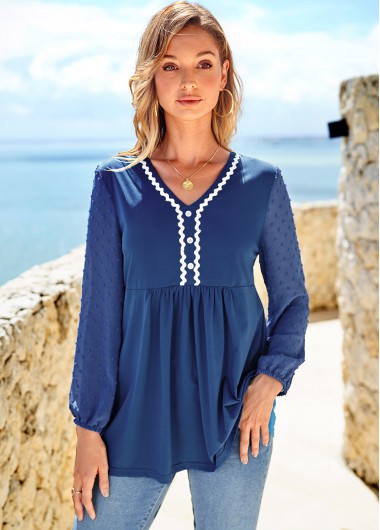 Modlily Decorative Button V Neck Shirred Tunic Top - S