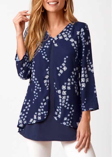 Modlily Faux Two Piece V Neck Printed Blouse - S