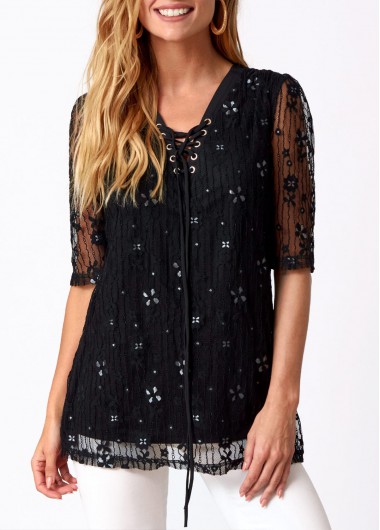 Modlily Lace Patchwork Tie Front T Shirt - M