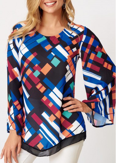 Modlily Geometric Print Long Sleeve Round Neck T Shirt - M