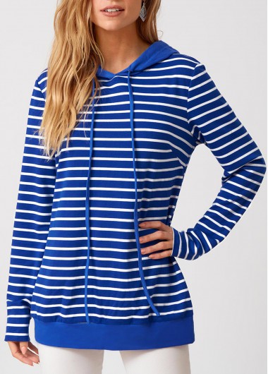 Modlily Long Sleeve Striped Drawstring Detail Hoodie - M
