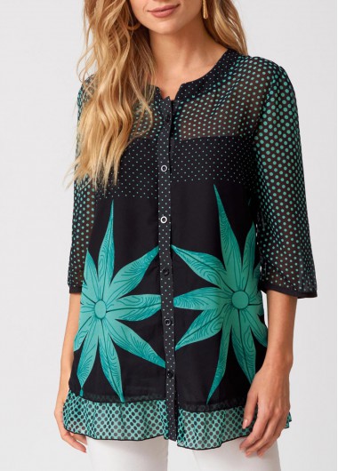 women clothes image of Polka Dot Button Up 3/4 Sleeve Blouse