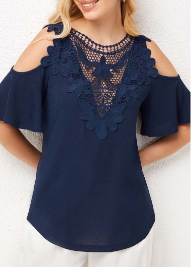 Modlily Lace Stitching Cold Shoulder Cross Strap T Shirt - M