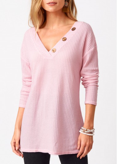 Modlily Decorative Button Solid Long Sleeve V Neck Sweatshirt - XL