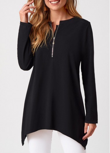 Modlily Asymmetric Hem Solid Quarter Zip Tunic Top - M