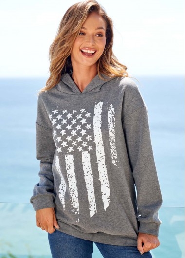 Modlily American Flag Print Long Sleeve Grey Hoodie - L