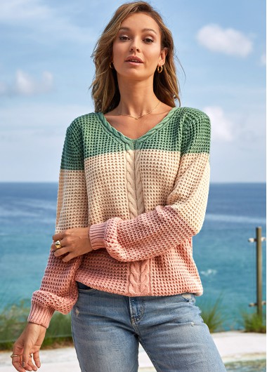 Modlily Contrast Long Sleeve V Neck Sweater - S