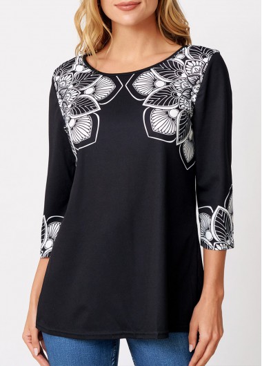 Modlily Tribal Print Round Neck 3/4 Sleeve Tunic Top - S