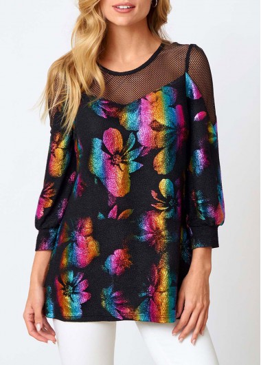 women clothes image of Fishnet Panel Colorful Round Neck Sweatshirt