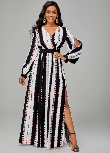 Modlily Side Slit Striped Long Sleeve V Neck Dress - L