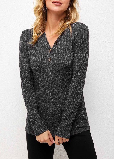 Modlily Decorative Button V Neck Long Sleeve T Shirt - 2XL