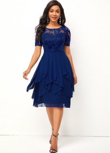 Modlily Chiffon and Lace Stitching Asymmetric Hem Round Neck Dress - XXL