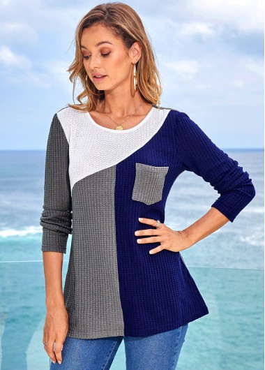 Modlily Pocket Patchwork Long Sleeve Round Neck Sweater - L
