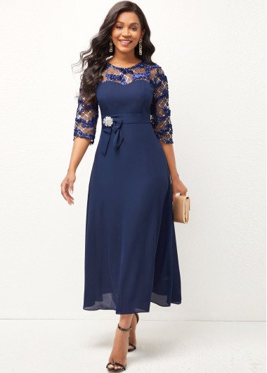 Modlily Lace Stitching Shining Round Neck 3/4 Sleeve Dress - M