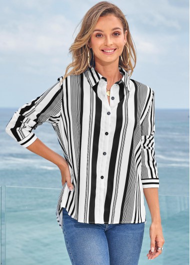 Modlily Turndown Collar Long Sleeve Striped Blouse - L