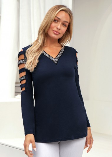 Modlily Hot Drilling Ladder Cutout V Neck T Shirt - L