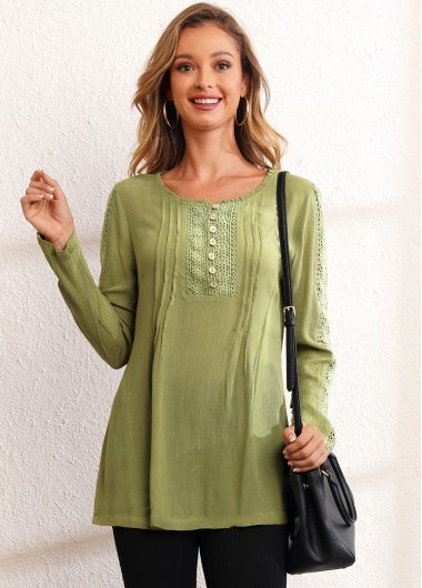 Modlily Crinkle Chest Lace Stitching Long Sleeve Blouse - S