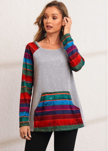 Modlily Rainbow Stripe Kangaroo Pocket Long Sleeve Tunic Top - M