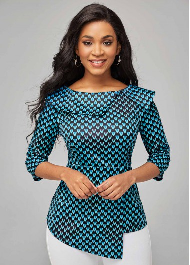Modlily Boat Neck Geometric Print Asymmetric Hem Blouse - M