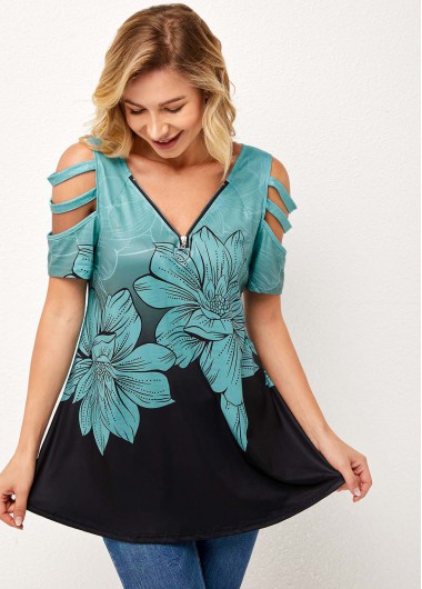 Modlily Floral Print Ladder Cutout Quarter Zip T Shirt - 3XL