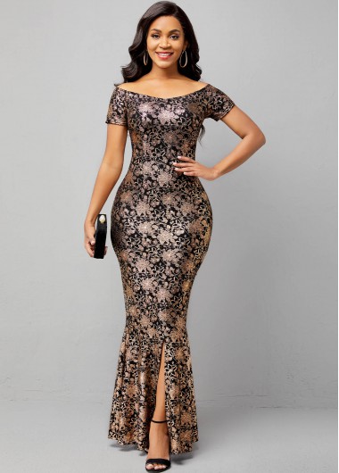 Modlily Hot Stamping Off Shoulder Short Sleeve Mermaid Dress - M