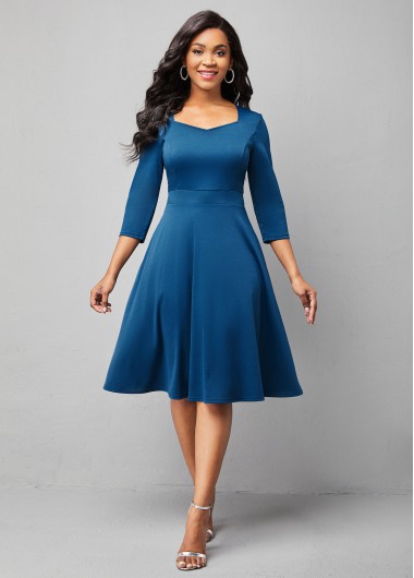 Modlily Solid 3/4 Sleeve Sweetheart Neckline Dress - M