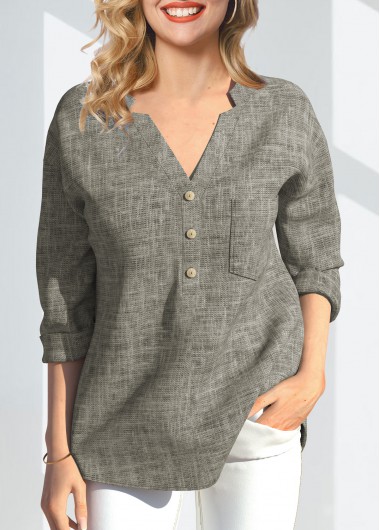 Modlily Linen V Neck 3/4 Sleeve T Shirt - L