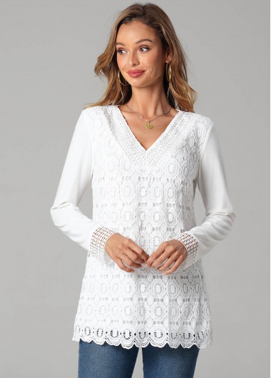 Modlily Lace Splicing Solid Long Sleeve V Neck T Shirt - L