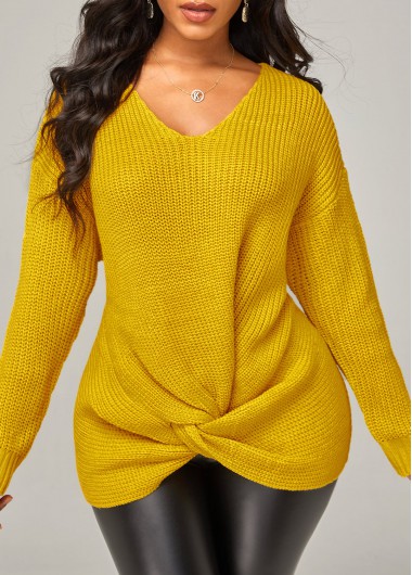 Modlily Solid Long Sleeve V Neck Twist Hem Sweater - L
