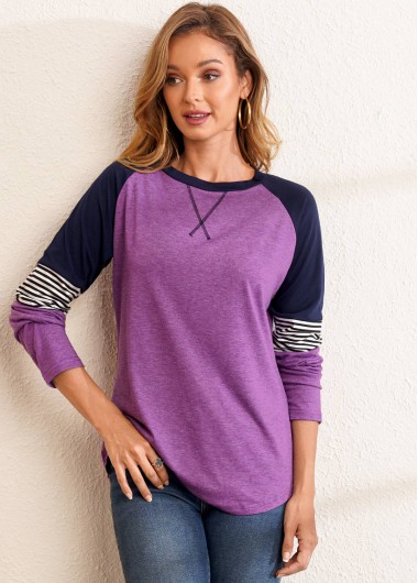 Modlily Stripe Print Long Sleeve Round Neck T Shirt - S
