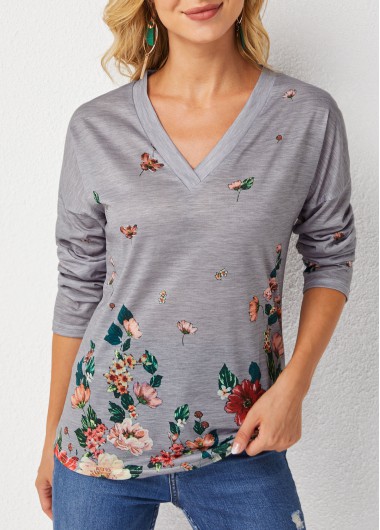 Modlily Floral Print Long Sleeve V Neck T Shirt - 2XL