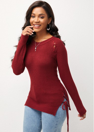 Modlily Lace Up Long Sleeve Round Neck Wine Red Sweater - S