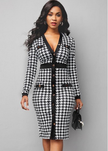 Modlily V Neck Houndstooth Print Long Sleeve Dress - XL