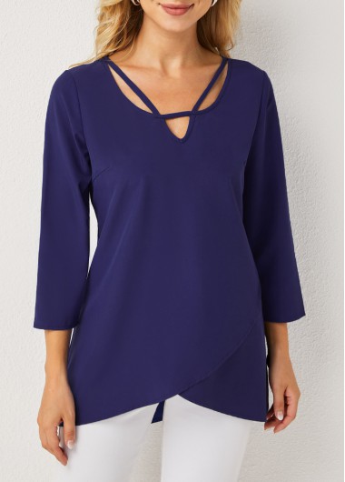 Modlily Crossover Hem 3/4 Sleeve Asymmetric Neck Tunic Top - S