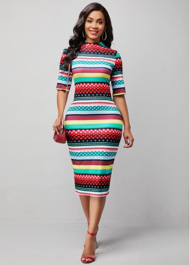 Modlily Tribal Print Half Sleeve Mock Neck Bodycon Dress - XXL