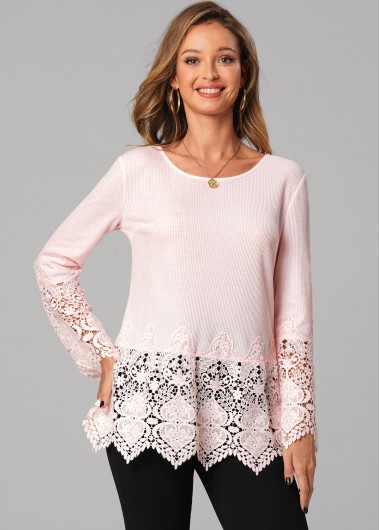 Modlily Lace Stitching Round Neck Long Sleeve Tunic Top - S