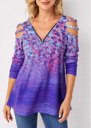 Modlily Long Sleeve V Neck Zipper Detail T Shirt - 4XL