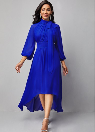 Modlily Chiffon Tie Detail Dip Hem Lantern Sleeve Dress - M