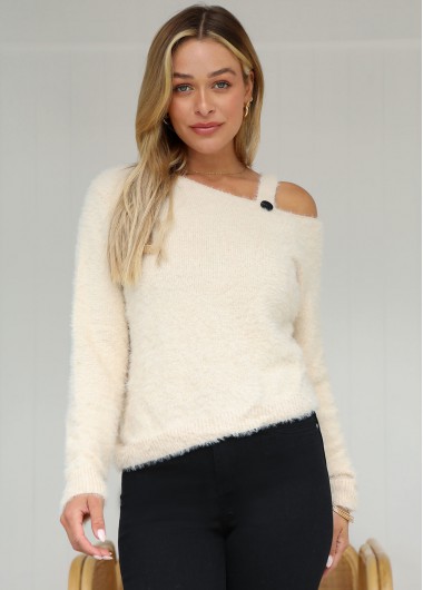 Modlily Skew Neck Solid Long Sleeve Cold Shoulder Sweater - M