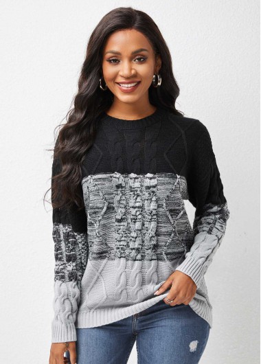 Modlily Twist Patchwork Long Sleeve Round Neck Sweater - S