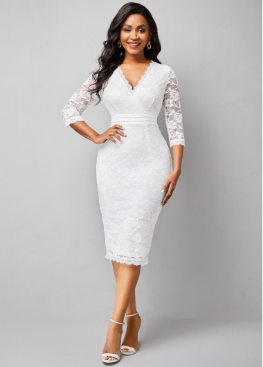 Modlily Lace V Neck 3/4 Sleeve Dress - S