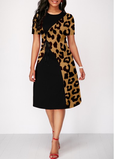 Modlily Leopard Short Sleeve Round Neck Dress - S