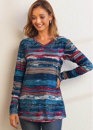 Modlily Printed Long Sleeve V Neck T Shirt - M