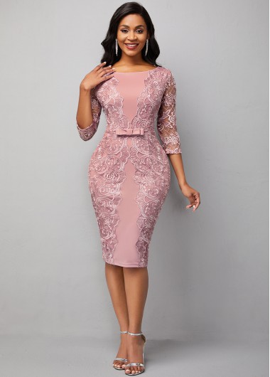 Modlily Lace Panel Solid 3/4 Sleeve Round Neck Dress - L