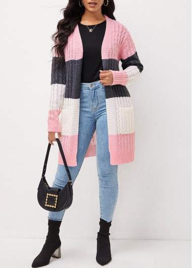 Modlily Long Sleeve Contrast Open Front Pocket Cardigan - M